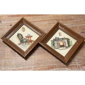 Vintage 2 Wooden Diamond Framed Signed Watercolor Wall Art Cabin Cottage Granny